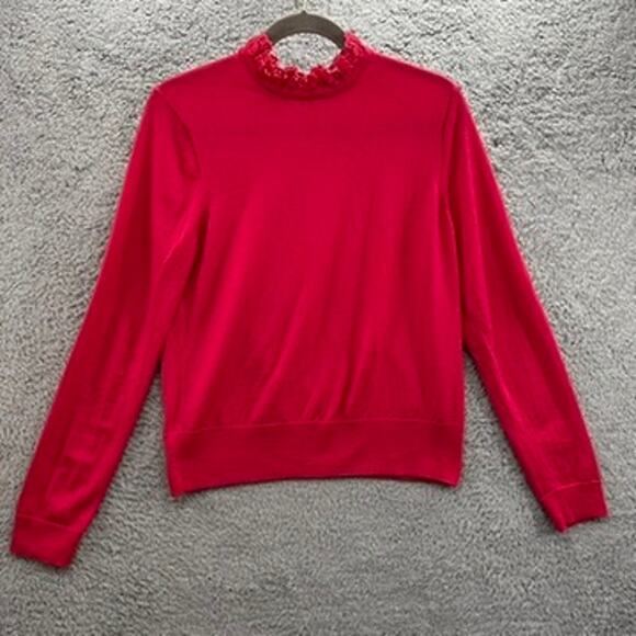 J.Crew Women's XL Pink 100% Marino Wool Sweater Soft Fitted Light Weight Lace - Picture 1 of 9